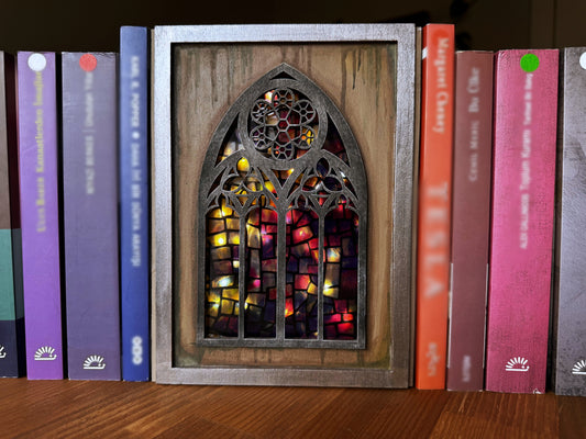 Cathedral Window Book Nook – Handmade Gothic Light Box Bookshelf Decor