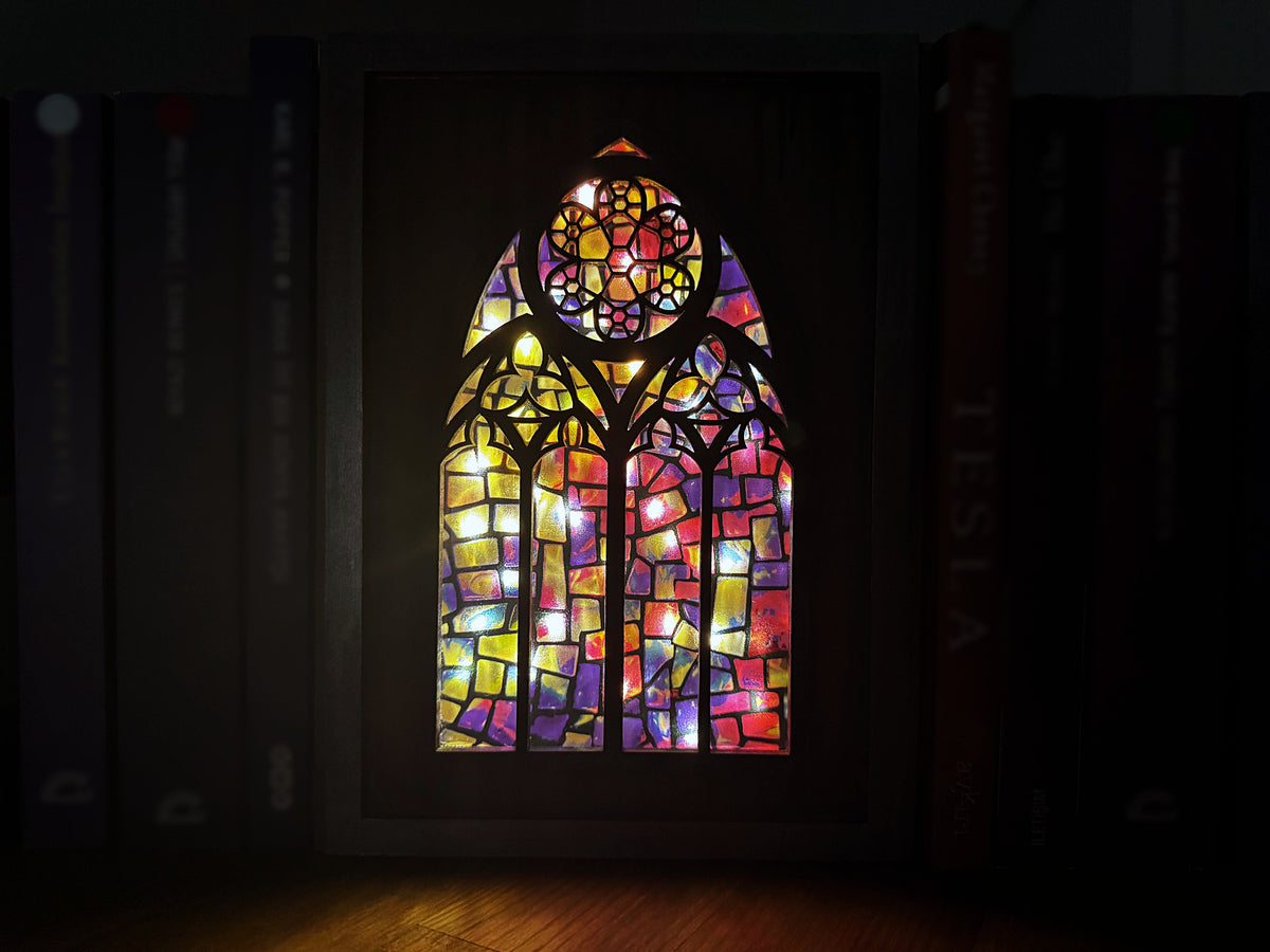 Cathedral Window Book Nook – Handmade Gothic Light Box Bookshelf Decor