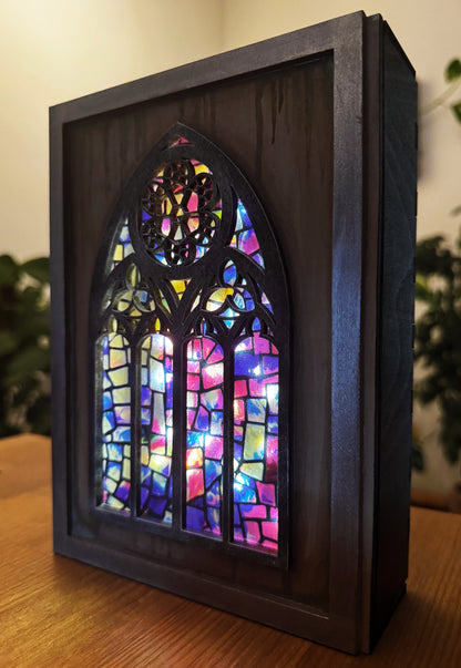 Cathedral Window Book Nook – Handmade Gothic Light Box Bookshelf Decor
