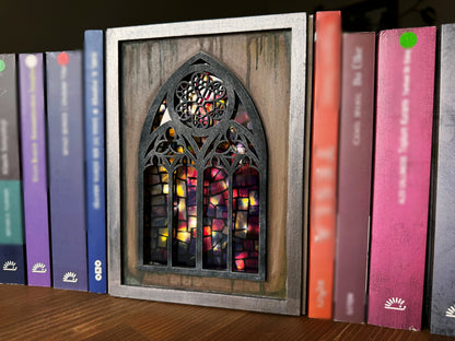 Cathedral Window Book Nook – Handmade Gothic Light Box Bookshelf Decor